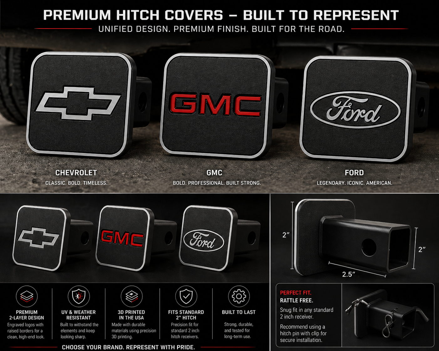 2" Trailer Hitch Cover – Truck Logo Designs (Chevy, Ford, GMC & More) | Fits Standard 2 Inch Receiver
